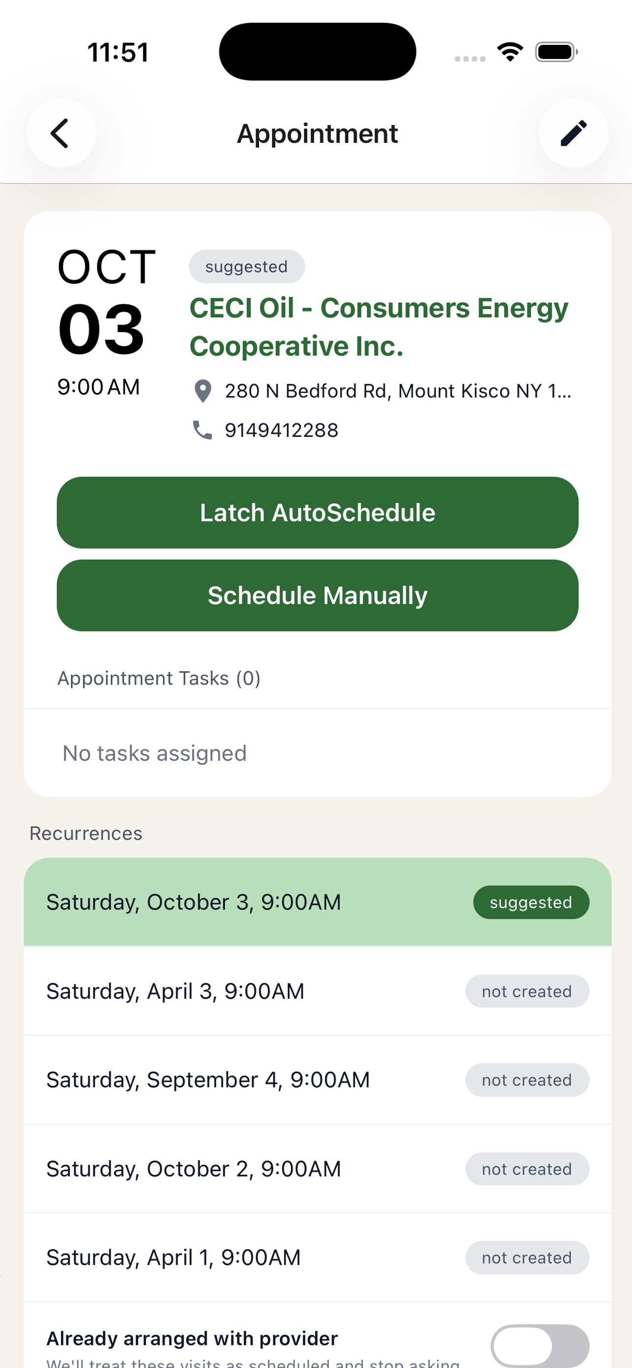 Latch appointment screen showing a suggested provider visit