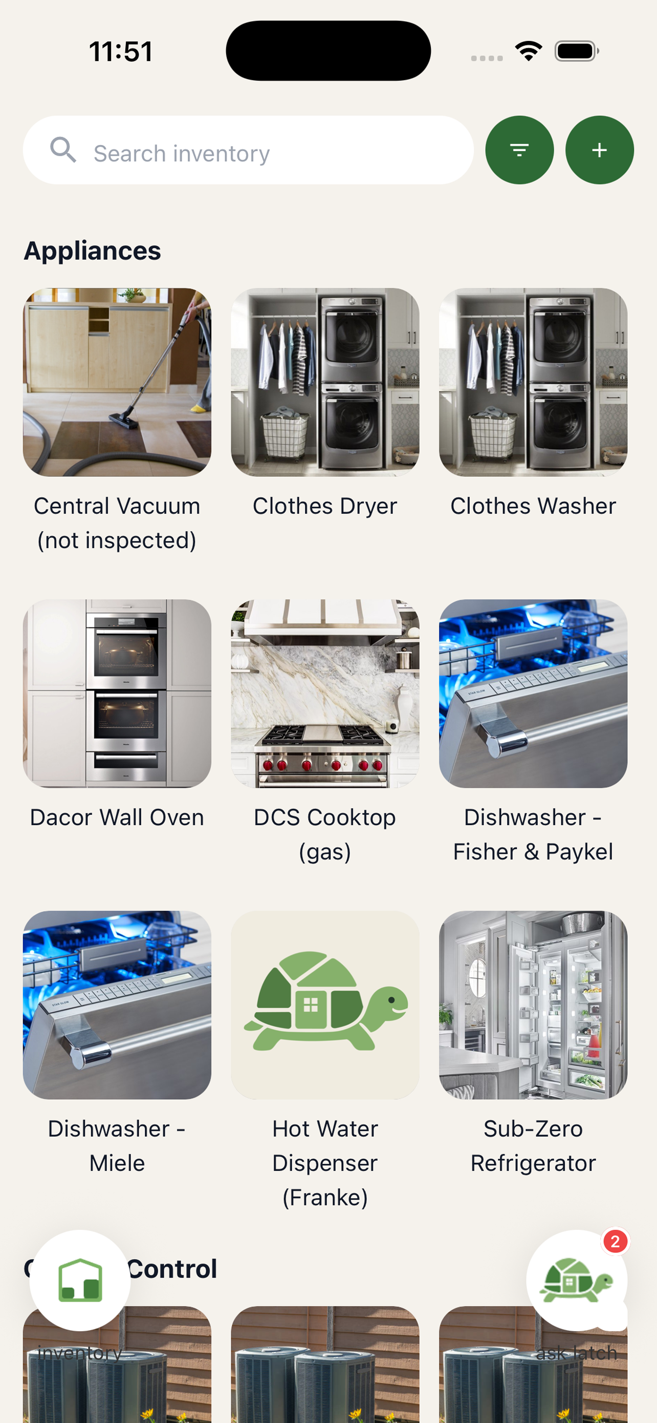 Latch inventory screen listing the home's appliances